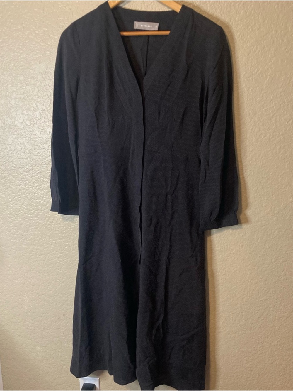 Everlane Shirt Dress V Neck Hidden Button Front Black Cupro Texture Midi Size 00